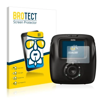 Parte frontal de un envase de producto con el logotipo de la marca BROTECT. Al lado se muestra el dispositivo Fujifilm Instax 