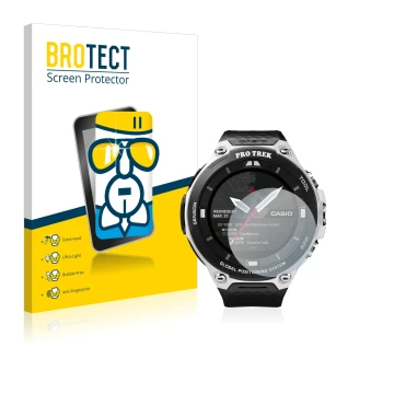 Parte frontal de un envase de producto con el logotipo de la marca BROTECT. Al lado se muestra el dispositivo Casio Pro Trek S