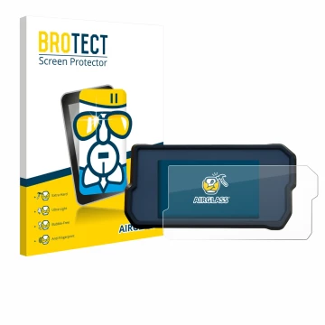 Parte frontal de un envase de producto con el logotipo de la marca BROTECT. Al lado se muestra el dispositivo KTM 390 Duke 201