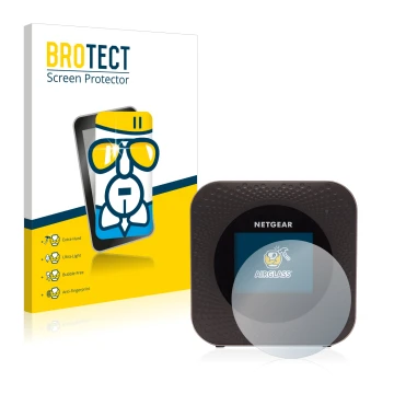 Parte frontal de un envase de producto con el logotipo de la marca BROTECT. Al lado se muestra el dispositivo Netgear Nighthaw