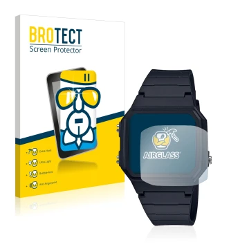 Parte frontal de un envase de producto con el logotipo de la marca BROTECT. Al lado se muestra el dispositivo Casio Unisex A16