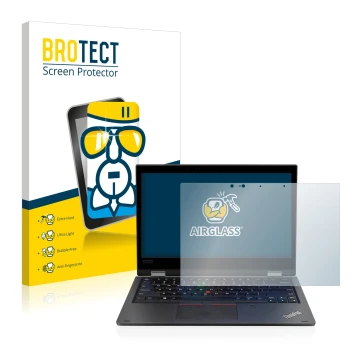 Parte frontal de un envase de producto con el logotipo de la marca BROTECT. Al lado se muestra el dispositivo Lenovo ThinkPad 
