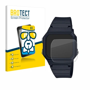 Parte frontal de un envase de producto con el logotipo de la marca BROTECT. Al lado se muestra el dispositivo Casio Unisex F-9