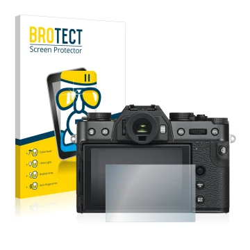Parte frontal de un envase de producto con el logotipo de la marca BROTECT. Al lado se muestra el dispositivo Fujifilm X-T30 c
