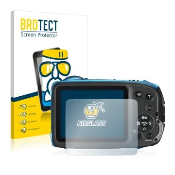 Parte frontal de un envase de producto con el logotipo de la marca BROTECT. Al lado se muestra el dispositivo Fujifilm FinePix