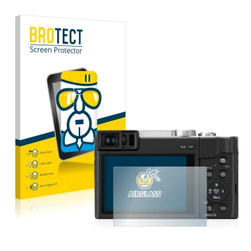 Parte frontal de un envase de producto con el logotipo de la marca BROTECT. Al lado se muestra el dispositivo Panasonic Lumix 