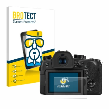 Parte frontal de un envase de producto con el logotipo de la marca BROTECT. Al lado se muestra el dispositivo Panasonic Lumix 