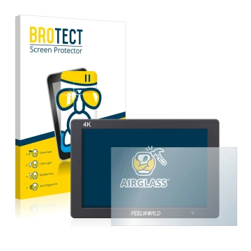 Parte frontal de un envase de producto con el logotipo de la marca BROTECT. Al lado se muestra el dispositivo Feelworld T7 7