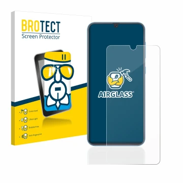 Parte frontal de un envase de producto con el logotipo de la marca BROTECT. Al lado se muestra el dispositivo Samsung Galaxy A