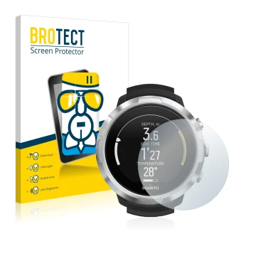 Parte frontal de un envase de producto con el logotipo de la marca BROTECT. Al lado se muestra el dispositivo Suunto D6 Suppor