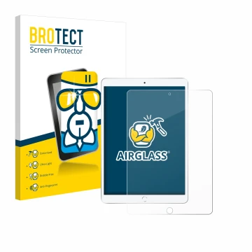 Parte frontal de un envase de producto con el logotipo de la marca BROTECT. Al lado se muestra el dispositivo Apple iPad Air 2