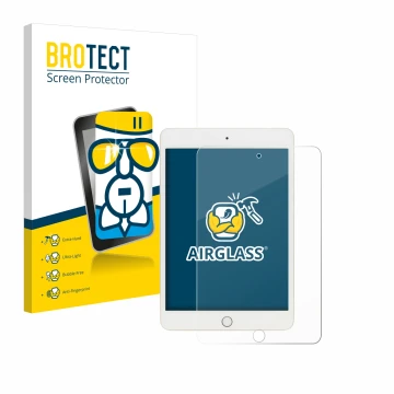 Parte frontal de un envase de producto con el logotipo de la marca BROTECT. Al lado se muestra el dispositivo Apple iPad Mini 