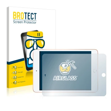 Parte frontal de un envase de producto con el logotipo de la marca BROTECT. Al lado se muestra el dispositivo Apple iPad Mini 