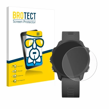 Parte frontal de un envase de producto con el logotipo de la marca BROTECT. Al lado se muestra el dispositivo Garmin Forerunne