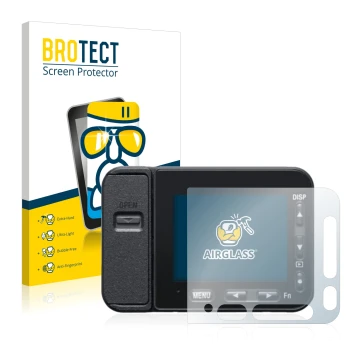 Parte frontal de un envase de producto con el logotipo de la marca BROTECT. Al lado se muestra el dispositivo Sony DSC-RX0M2 (