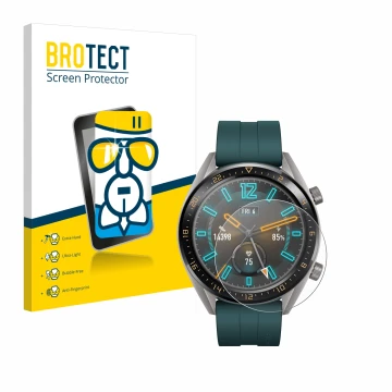 Parte frontal de un envase de producto con el logotipo de la marca BROTECT. Al lado se muestra el dispositivo Huawei Watch GT 
