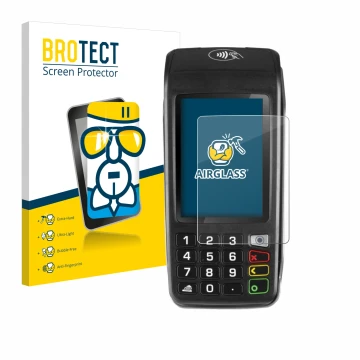 Parte frontal de un envase de producto con el logotipo de la marca BROTECT. Al lado se muestra el dispositivo ingenico Move/50