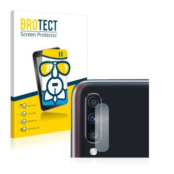 Parte frontal de un envase de producto con el logotipo de la marca BROTECT. Al lado se muestra el dispositivo Samsung Galaxy A