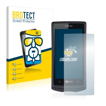 Parte frontal de un envase de producto con el logotipo de la marca BROTECT. Al lado se muestra el dispositivo Orderman 5 con s