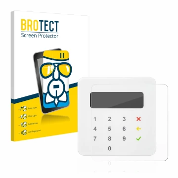 Parte frontal de un envase de producto con el logotipo de la marca BROTECT. Al lado se muestra el dispositivo SumUp Air con su