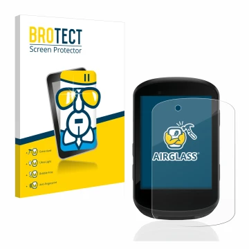 Parte frontal de un envase de producto con el logotipo de la marca BROTECT. Al lado se muestra el dispositivo Garmin Edge 530 