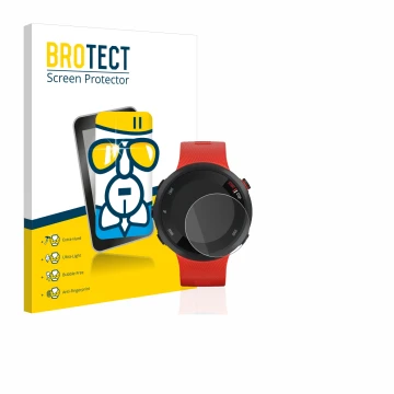 Parte frontal de un envase de producto con el logotipo de la marca BROTECT. Al lado se muestra el dispositivo Garmin Forerunne