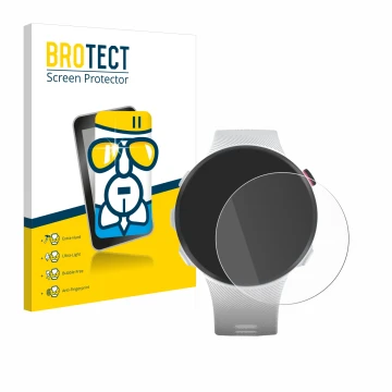 Parte frontal de un envase de producto con el logotipo de la marca BROTECT. Al lado se muestra el dispositivo Garmin Forerunne