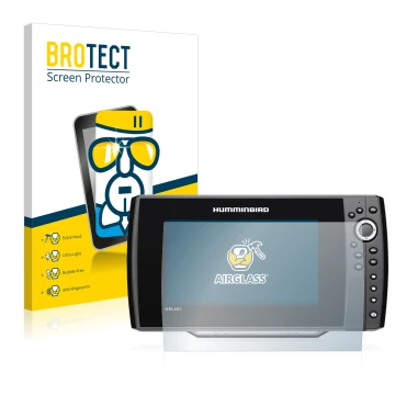 Parte frontal de un envase de producto con el logotipo de la marca BROTECT. Al lado se muestra el dispositivo Humminbird Helix