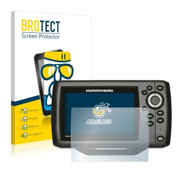Parte frontal de un envase de producto con el logotipo de la marca BROTECT. Al lado se muestra el dispositivo Humminbird Helix