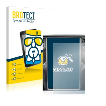 Parte frontal de un envase de producto con el logotipo de la marca BROTECT. Al lado se muestra el dispositivo Tesla Model X co