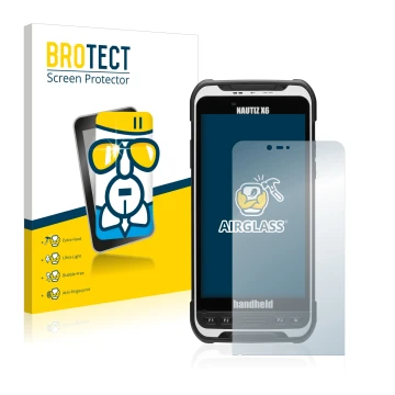 Parte frontal de un envase de producto con el logotipo de la marca BROTECT. Al lado se muestra el dispositivo Handheld Nautiz 