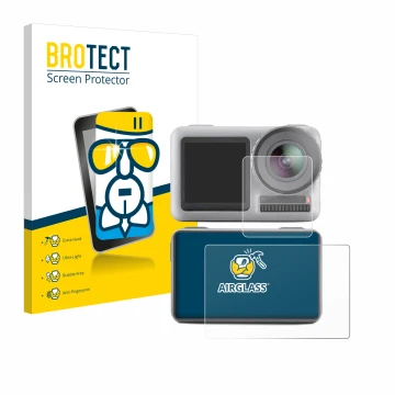 Parte frontal de un envase de producto con el logotipo de la marca BROTECT. Al lado se muestra el dispositivo DJI Osmo Action 