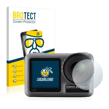 Parte frontal de un envase de producto con el logotipo de la marca BROTECT. Al lado se muestra el dispositivo DJI Osmo Action 
