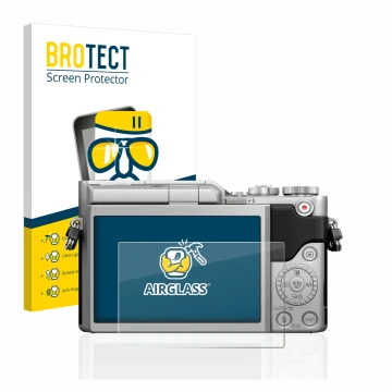 Parte frontal de un envase de producto con el logotipo de la marca BROTECT. Al lado se muestra el dispositivo Panasonic Lumix 
