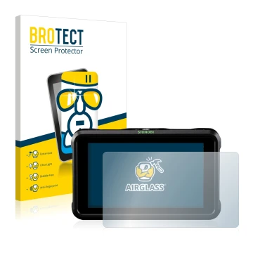 Parte frontal de un envase de producto con el logotipo de la marca BROTECT. Al lado se muestra el dispositivo Atomos Shinobi S