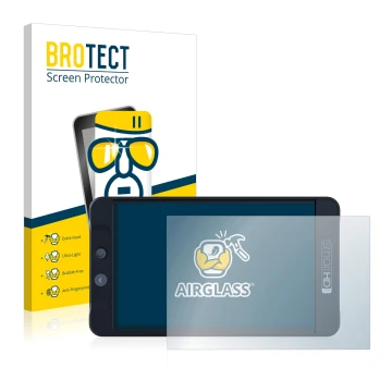 Parte frontal de un envase de producto con el logotipo de la marca BROTECT. Al lado se muestra el dispositivo SmallHD 702 Blac