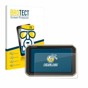 Parte frontal de un envase de producto con el logotipo de la marca BROTECT. Al lado se muestra el dispositivo Garmin Overlande