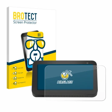 Parte frontal de un envase de producto con el logotipo de la marca BROTECT. Al lado se muestra el dispositivo Amazon Echo Show