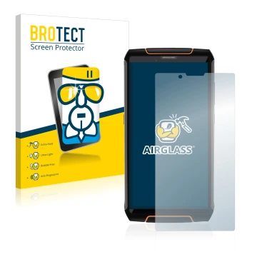 Parte frontal de un envase de producto con el logotipo de la marca BROTECT. Al lado se muestra el dispositivo Cubot King Kong 