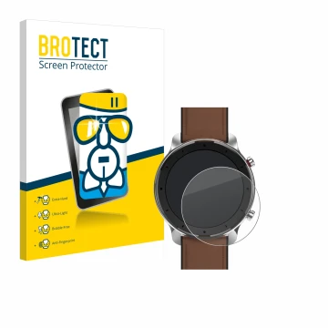 Parte frontal de un envase de producto con el logotipo de la marca BROTECT. Al lado se muestra el dispositivo Huami Amazfit GT
