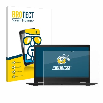 Parte frontal de un envase de producto con el logotipo de la marca BROTECT. Al lado se muestra el dispositivo Lenovo ThinkPad 