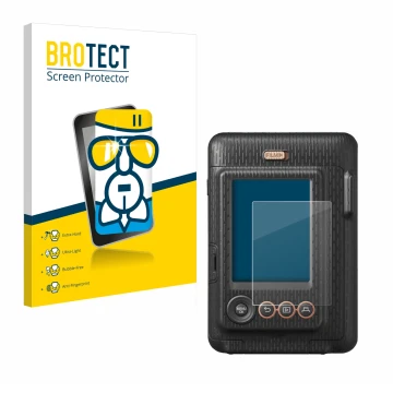 Parte frontal de un envase de producto con el logotipo de la marca BROTECT. Al lado se muestra el dispositivo Fujifilm Instax 