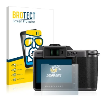 Parte frontal de un envase de producto con el logotipo de la marca BROTECT. Al lado se muestra el dispositivo Hasselblad X1D I