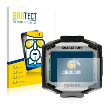 Parte frontal de un envase de producto con el logotipo de la marca BROTECT. Al lado se muestra el dispositivo Mares Quad Air c