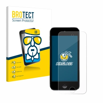 Parte frontal de un envase de producto con el logotipo de la marca BROTECT. Al lado se muestra el dispositivo Apple iPod Touch