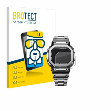 Parte frontal de un envase de producto con el logotipo de la marca BROTECT. Al lado se muestra el dispositivo Casio G-Shock GM