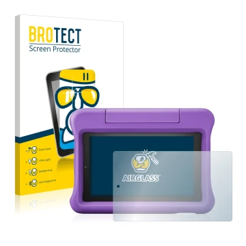 Parte frontal de un envase de producto con el logotipo de la marca BROTECT. Al lado se muestra el dispositivo Amazon Fire 7 Ki