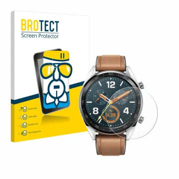 Parte frontal de un envase de producto con el logotipo de la marca BROTECT. Al lado se muestra el dispositivo Huawei Watch GT 