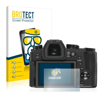 Parte frontal de un envase de producto con el logotipo de la marca BROTECT. Al lado se muestra el dispositivo Leica V-LUX 5 co