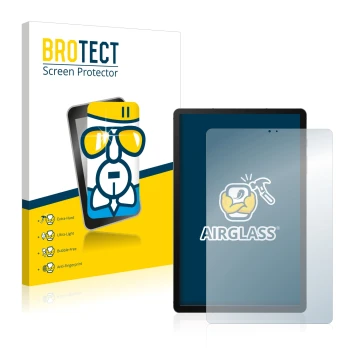 Parte frontal de un envase de producto con el logotipo de la marca BROTECT. Al lado se muestra el dispositivo Samsung Galaxy T